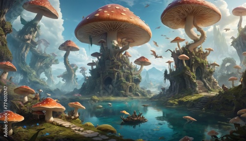 A mystical landscape showcasing towering mushroom-shaped structures  inhabited and traversed by tiny creatures  set against a tranquil blue lake. AI Generation