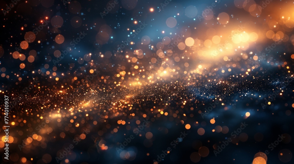 Abstract dark background with blurring gold dots. Blurry star-filled sky