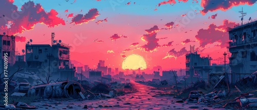 illustration of a dystopian landscape with crumbling buildings