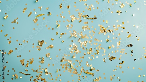 random shape golden foil confetti flat lay on a pastel blue background, shiny