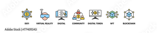 Metaverse banner web icon vector illustration concept with icon of defi, virtual reality, digital asset, community, digital token, nft, blockchain and ecosystem