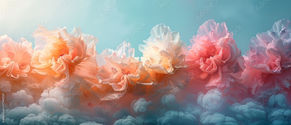 A serene composition where soft pastel florals blend into cloud-like formations, offering a dreamlike and airy visual experience.