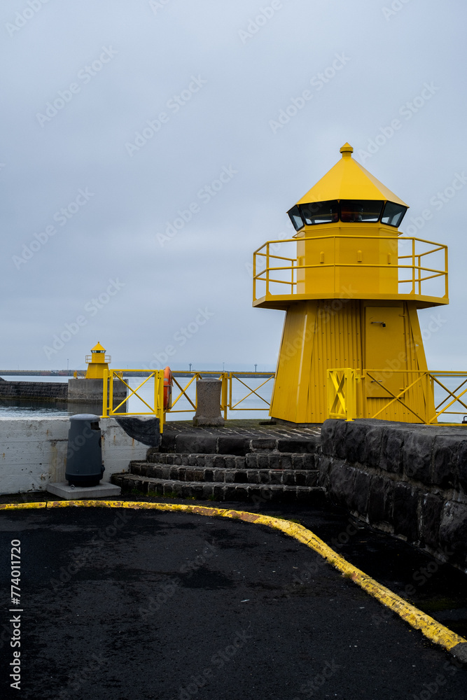 Iceland, Reykjavik harbor, yellow watchtower - obrazy, fototapety, plakaty 