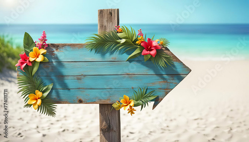Beautiful beach sign with flowers with copy space