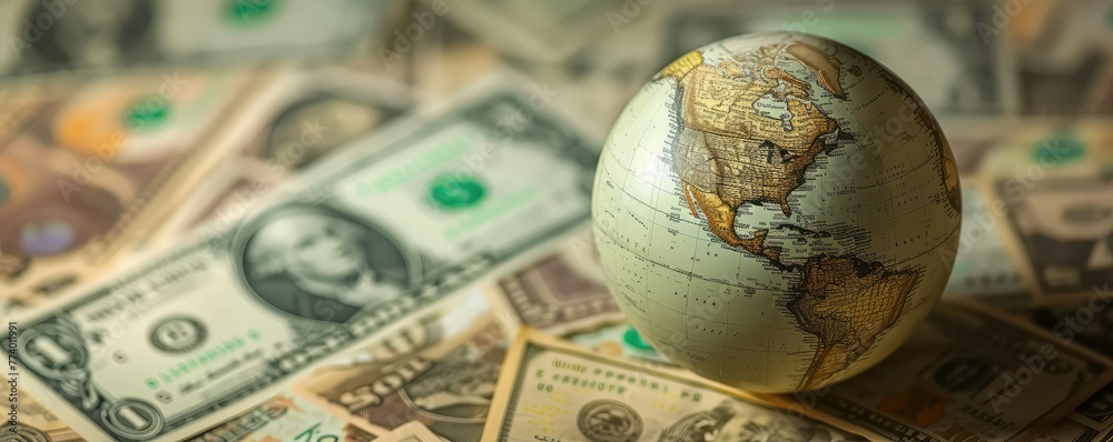 Global economy themed image with globe and money Global economy themed image with globe and money
