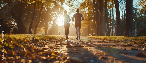 couple jogging in a park at the morning. Cardio Endurance Runners  Motivation for an Active Lifestyle