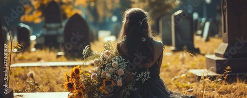 Woman holding flowers in front of a grave