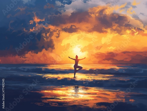 Illustration of a woman doing yoga poses on a beach at sunset, surrounded by serene ocean waves