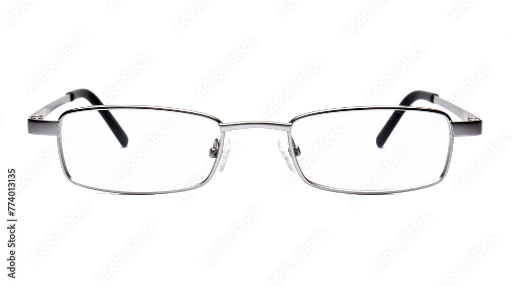 A pair of stylish glasses resting on a clean white background A pair of stylish glasses resting on a clean white background