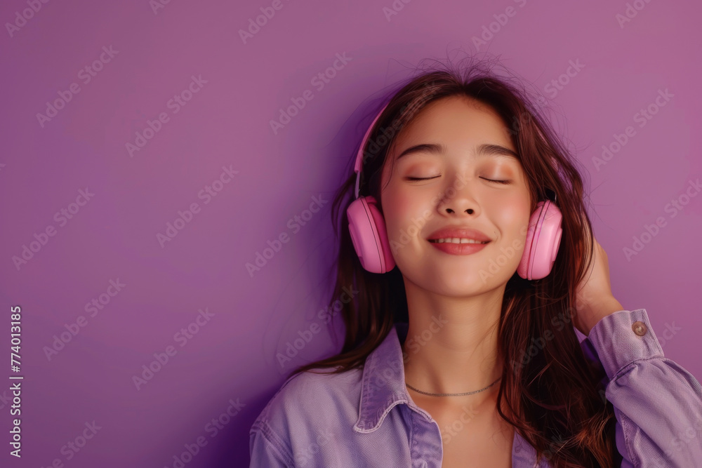 Happy Asian girl lost in music, leaning against wall with headphones, purple studio background Happy Asian girl lost in music, leaning against wall with headphones, purple studio background