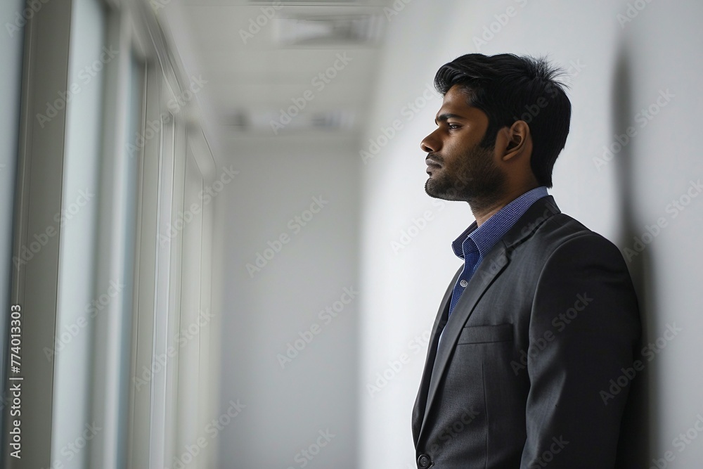 a man in a suit looking out a window
