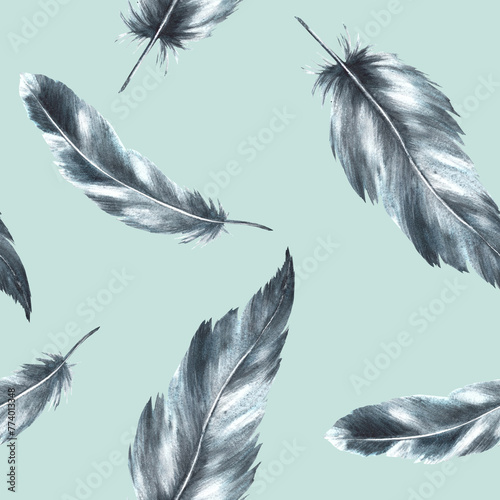 Watercolor seamless pattern. Monochrome bird feathers grey black color, granulation of shades, ornaments. Quills wings drawing illustration Wallpaper wrapping fabric .Isolated mint coloured background photo