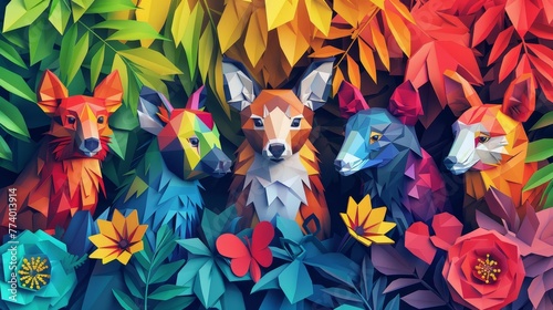 Digital low poly background featuring geometric animals in vibrant ecosystem