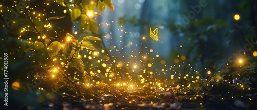A forest scene with a butterfly flying through the air