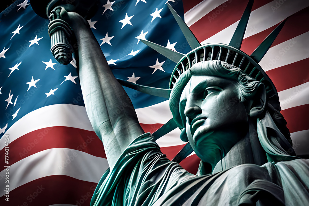 Obraz premium Statue of Liberty on the American flag. Freedom and Independence. 