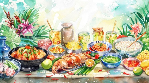 Traditional Songkran Festival food prepared in a watercolor kitchen scene, showcased in a warm and inviting banner with text Songkran Festival