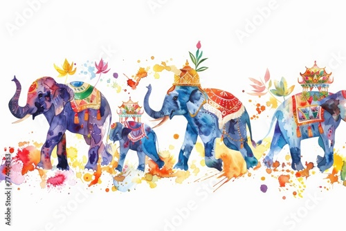 Banner depicting Songkran Festival with watercolor elephants marching, symbolizing strength and festivity with text Songkran Festival