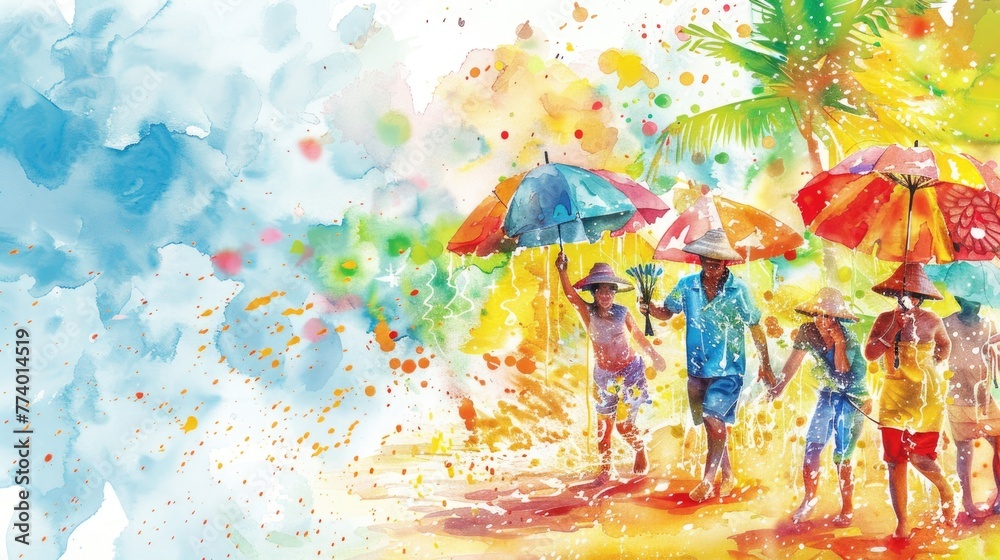 Bright and bold watercolor banner of a Songkran water fight with text Songkran Festival