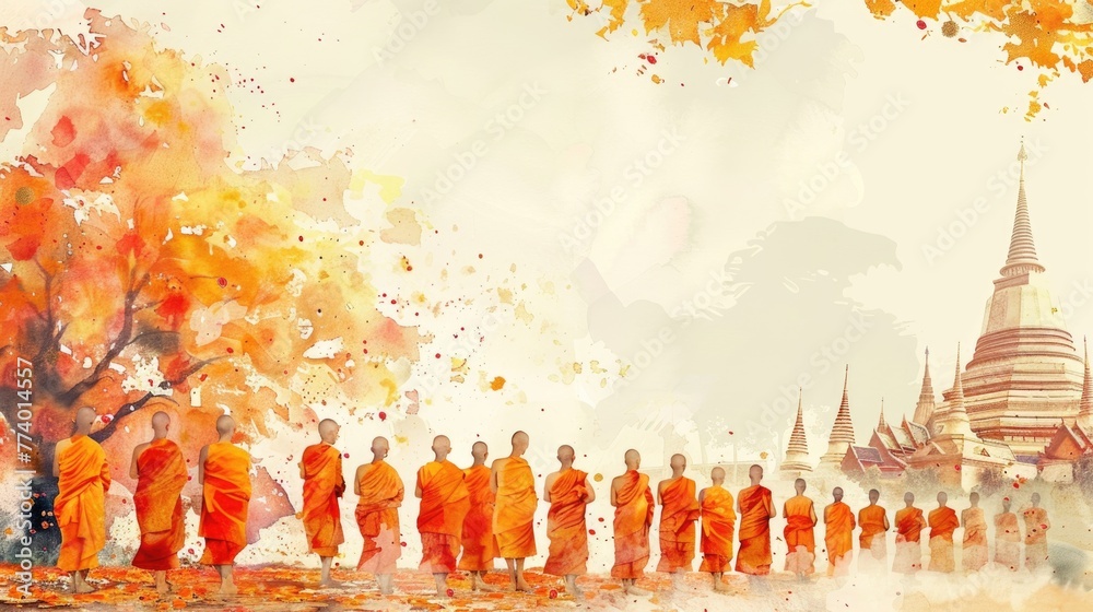 Songkran Festival banner with a watercolor scene of monks in orange robes, embodying peace and blessings with text Songkran Festival - obrazy, fototapety, plakaty 