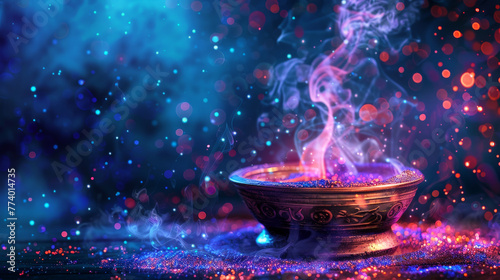 A small, ornate bowl with a blue and purple flame inside