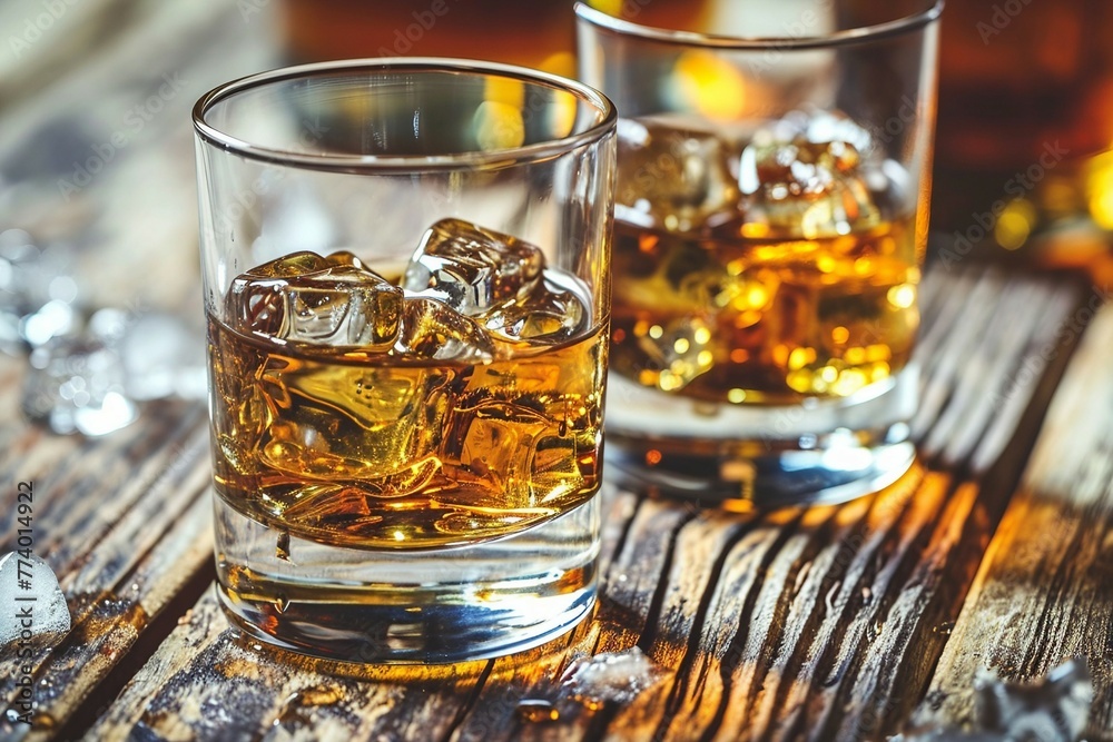 two glasses of alcohol with ice on a wooden surface two glasses of alcohol with ice on a wooden surface