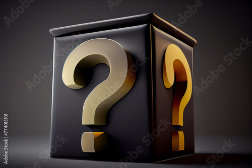The question mark on the black cube. Art image. 