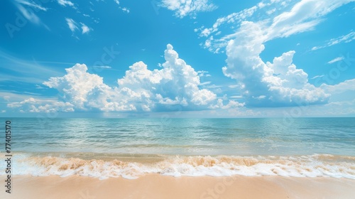Beautiful tropical empty beach sea ocean with white cloud on blue sky background 
