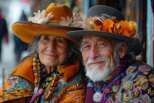  Retrato de cuerpo completo de una pareja de vagabundos ancianos, con arrugas faciales exageradas, de constitución delgada. La imagen es muy colorida y presenta un realismo fantástico. 