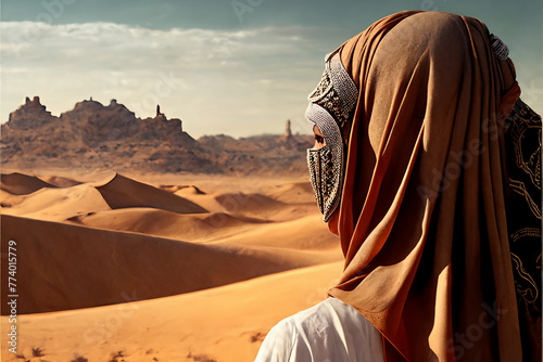 An Arab woman in a headscarf, pictured in a hijab, looking out over a sandy desert with barchans. 