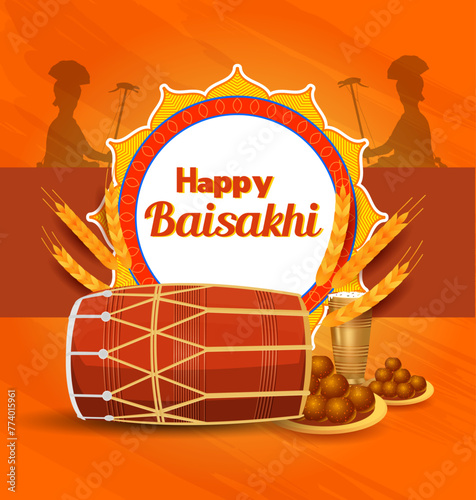 Vector Illustration Of Baisakhi Festival Of Panjab , Happy Baisakhi Celebration Background with drum , wheat , sweets . photo