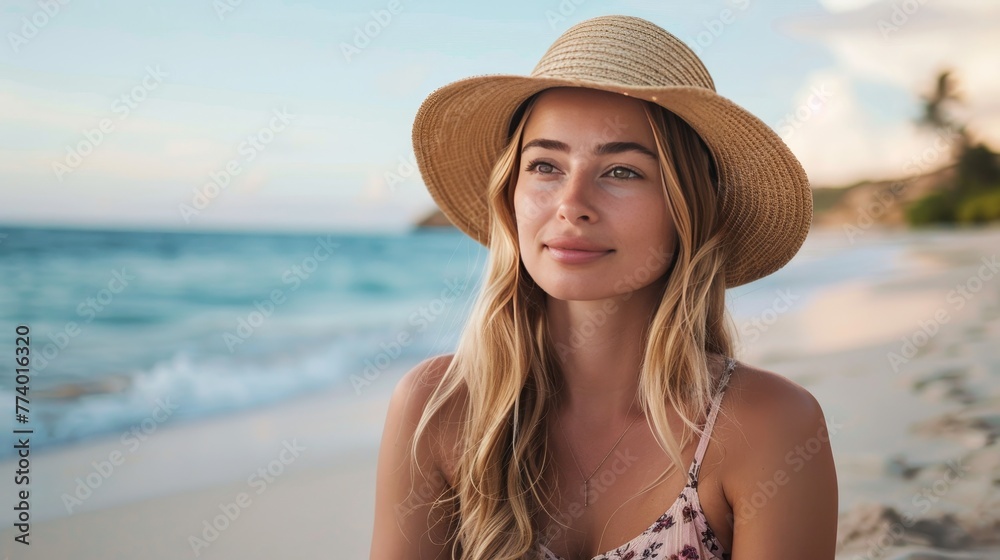 Pretty blond woman in straw hat sitting on tropical beach, enjoying holidays near ocean.
