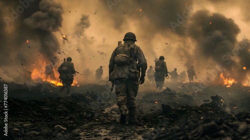 Soldiers Marching Through Battlefield Amidst Explosions and Fire photo