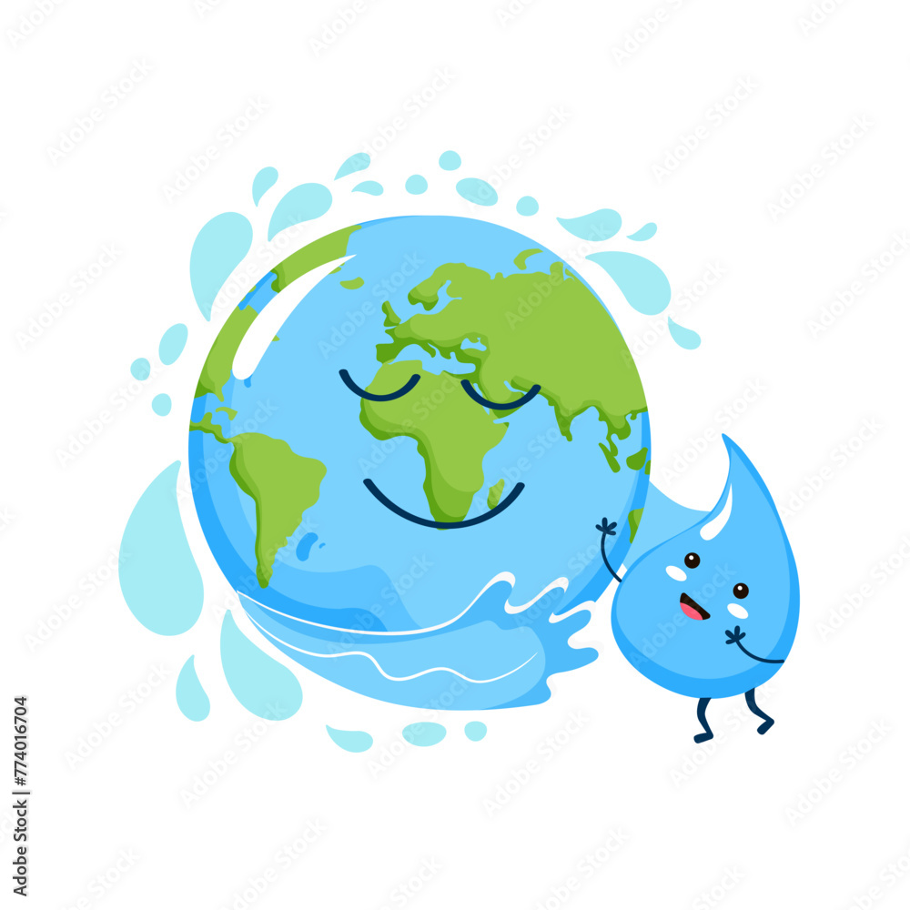 Naklejka premium Planet Earth and a drop of water. Cute characters on a white background.