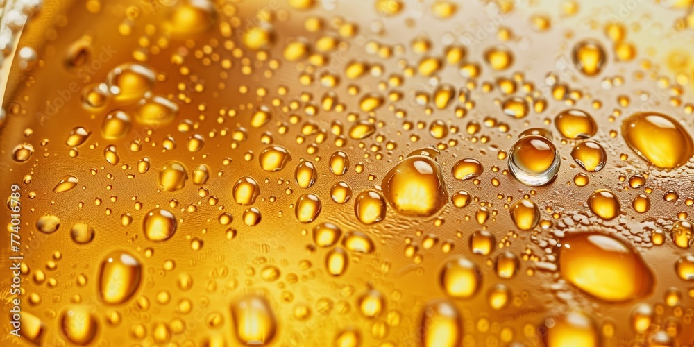 Golden Droplets on Reflective Surface Close-Up Golden Droplets on Reflective Surface Close-Up