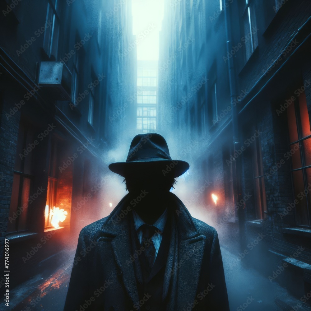 A noir detective stands ominously in a fog-laden alley, with fires casting an otherworldly glow on the scene.. AI Generation