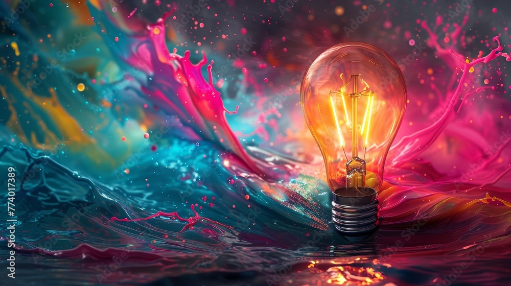 Vibrant light bulb surrounded by swirling colorful energy Vibrant light bulb surrounded by swirling colorful energy