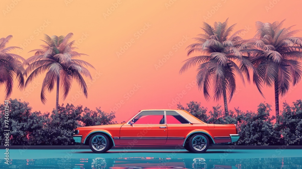 Car and Palm on a retro, 1980s-style background