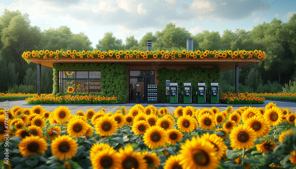 Biofuel filling station on a background of sunflower. Future consumption environmental ecology eco-friendly