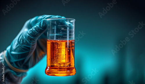 A gloved hand holds a glass beaker, a flask with ethanol biofuel in blue background. Natural plant alternative fuel energy, oil renewable research in industrial laboratories photo