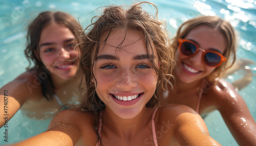 Smiling multirace friends posing to camera phone in the beach, making selfie in summer day. Concept of friendship, joyness © MarijaBazarova