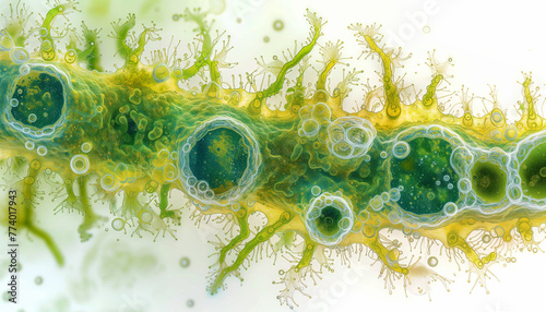 Unicellular green algae chlorella spirulina with large cells single-cells with lipid droplets. Macro zoom microorganism bacteria for bio cosmetics 