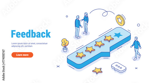 Feedback rating review vector isometric concept. People characters giving five star feedback. Clients choosing satisfaction rating and leaving positive review. Customer service and user experience.