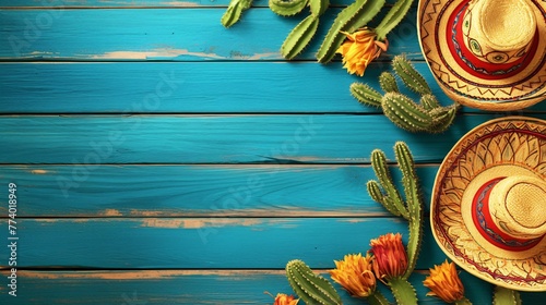 Cinco de Mayo holiday background, Mexican cactus and party sombrero hat on wooden table. photo