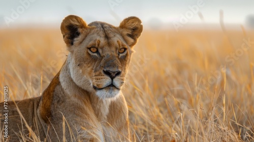 Regal Lioness in the Golden Grass of the Savannah 