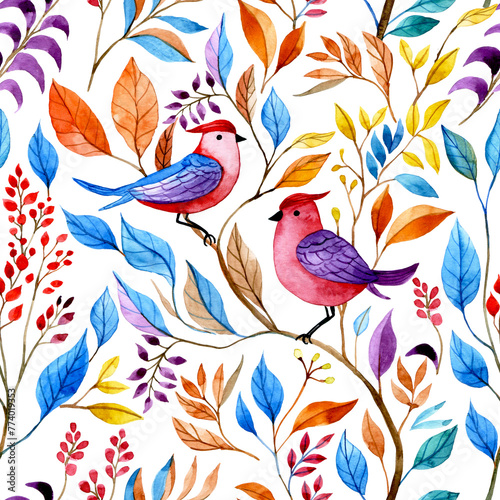 cute watercolor pattern with colored birds in the garden. seamless print with leaves and flowers