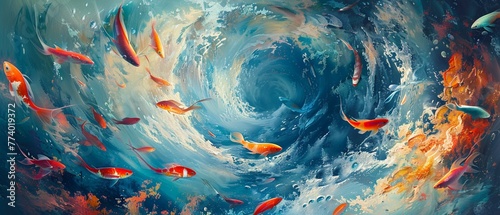 Imaginary surrealistic ocean scene in painting, marine fish swirling in dreamlike waters, vibrant and mystical