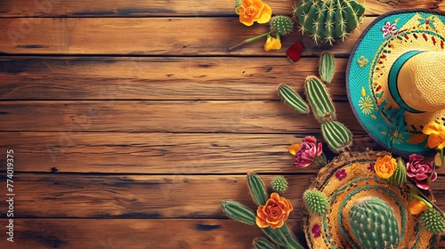 Cinco de Mayo holiday background, Mexican cactus and party sombrero hat on wooden table. photo