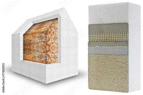 Polystyrene panel for external thermal insulation - Example with the application phases of the various layers and 3D render of home thermally insulated with polystyrene walls