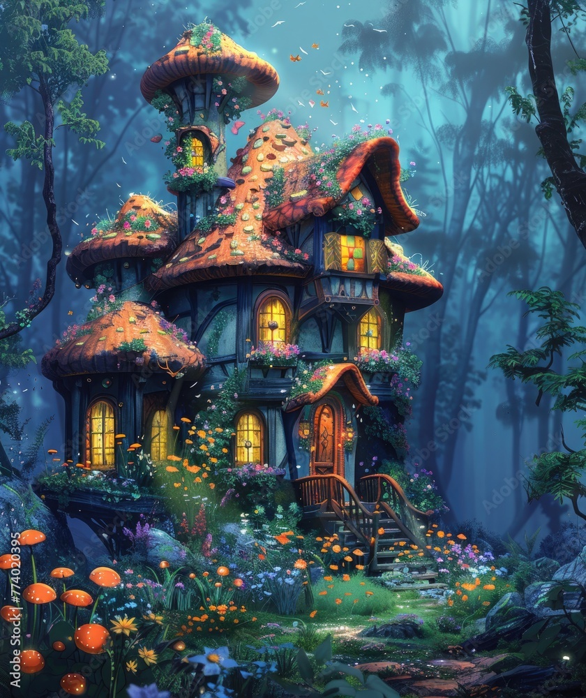 Fototapeta premium Children's digital drawing of a magical elven home including a fairy tale