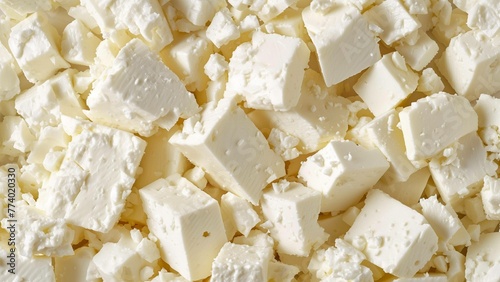 Cubes of Fresh Feta Cheese in a Close-Up View, Displaying the White and Crumbly Texture, Perfect for Mediterranean Dishes, Salads, or Cooking Concepts photo